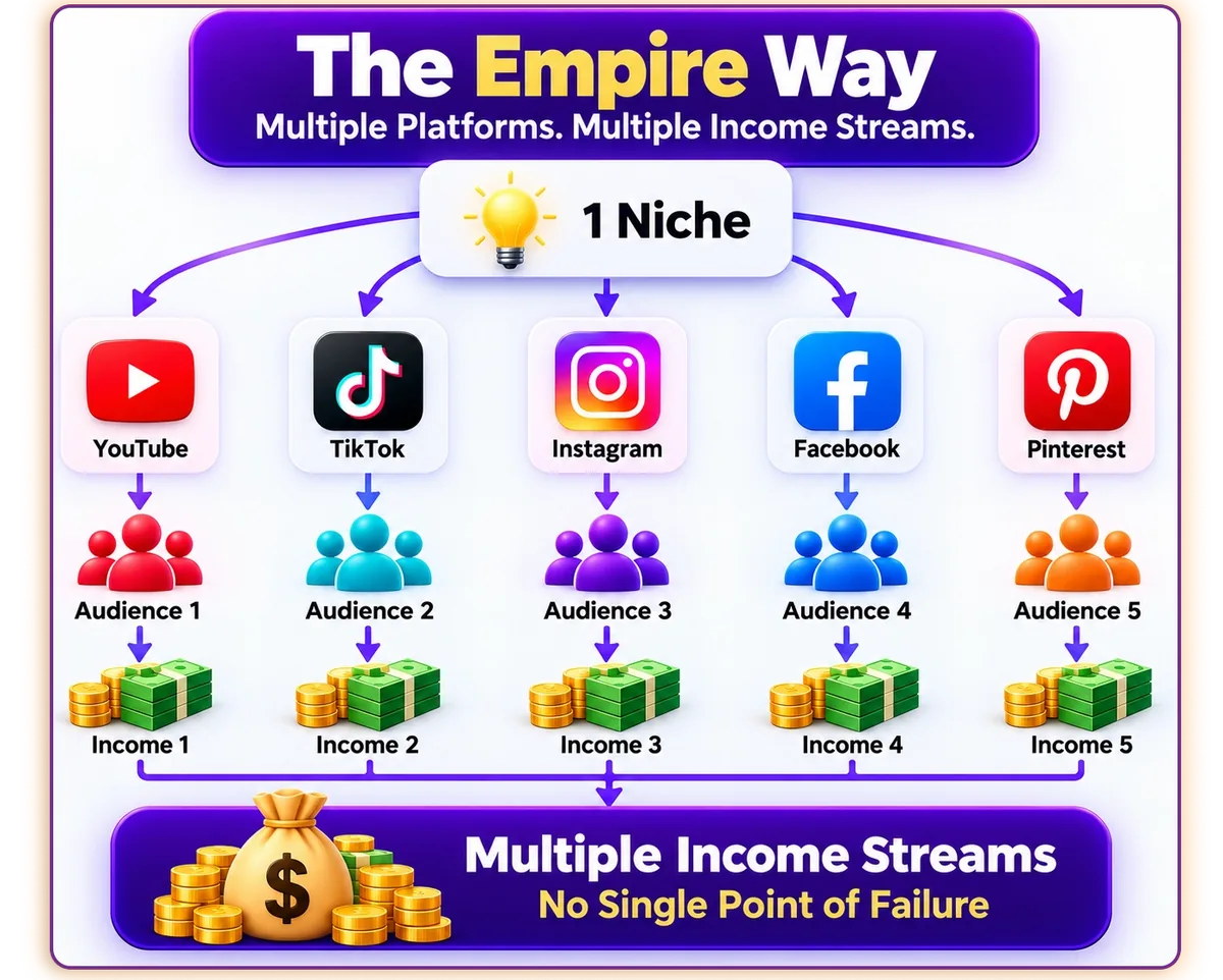 Diagram of the Empire Way: one niche feeding YouTube, TikTok, Instagram, Facebook and Pinterest, each with its own audience and income stream