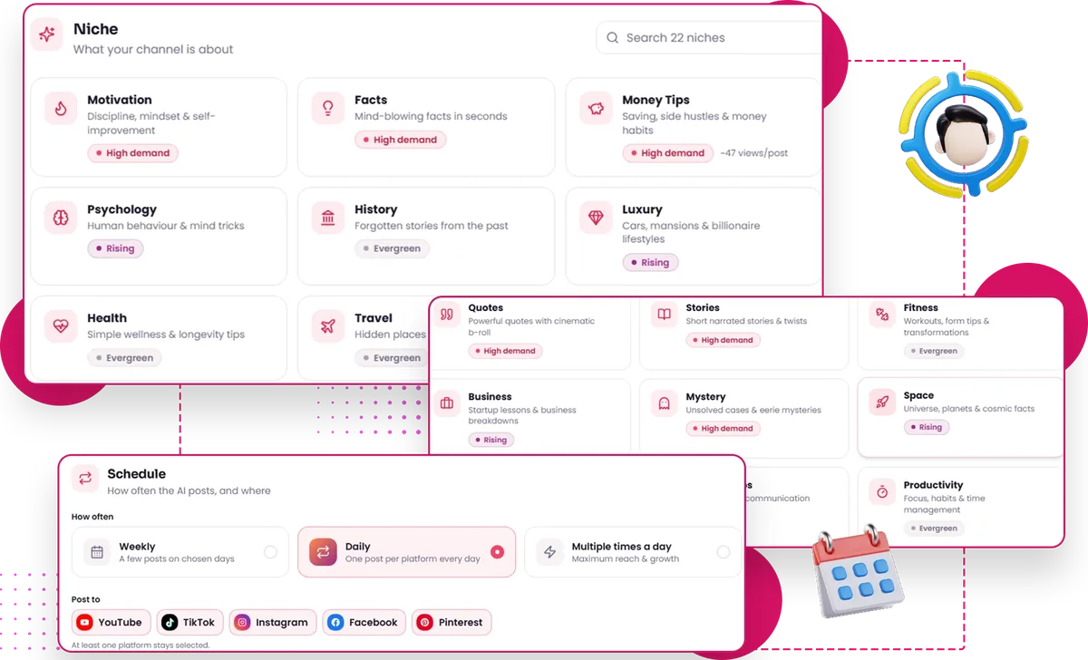 Faceless Empire AI niche picker with motivation, facts, money tips, psychology, history and luxury niches and a posting schedule