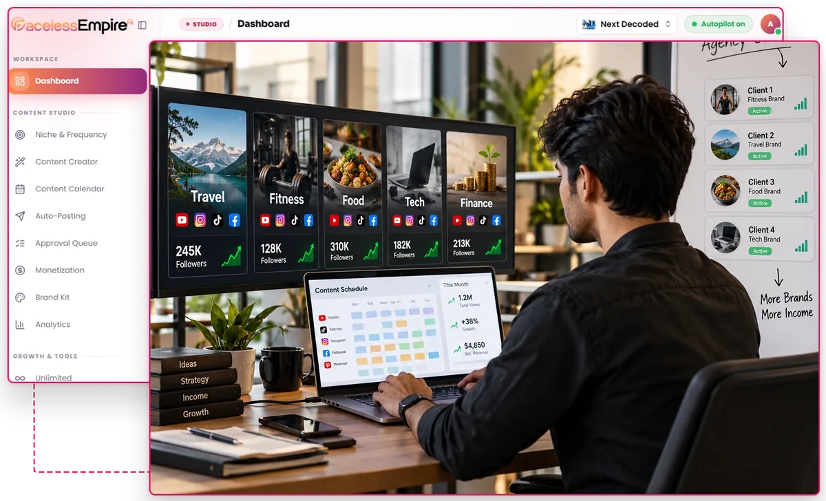 Person at a desk with several monitors showing Faceless Empire AI dashboards for different niche brands