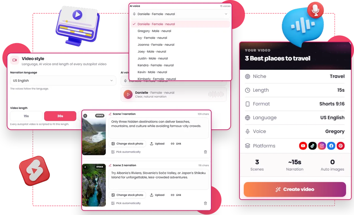 Faceless Empire AI video creator screen with voice, video length and caption options