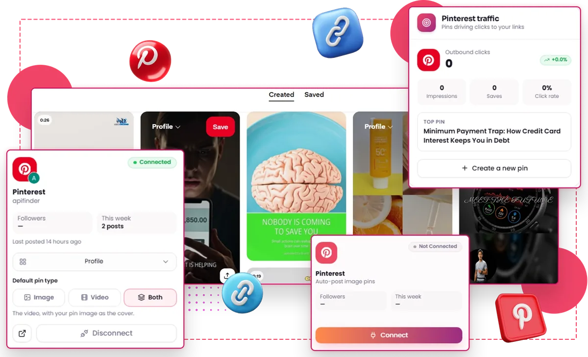 Faceless Empire AI Pinterest pin designer showing generated pins and a Pinterest traffic panel