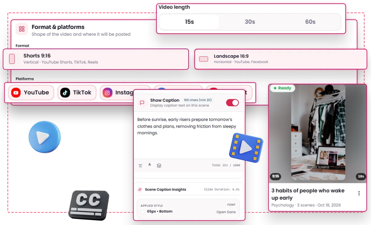 Faceless Empire AI format and platform settings with video length options and per-platform captions