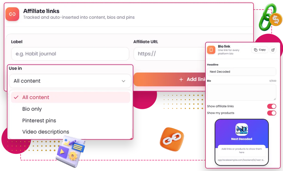 Faceless Empire AI affiliate links panel for adding a label and link to content, bios or Pinterest pins