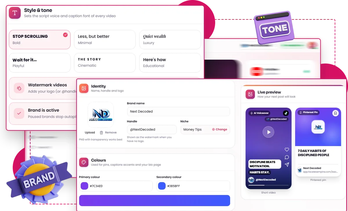Faceless Empire AI brand kit settings for brand name, colors, style and tone