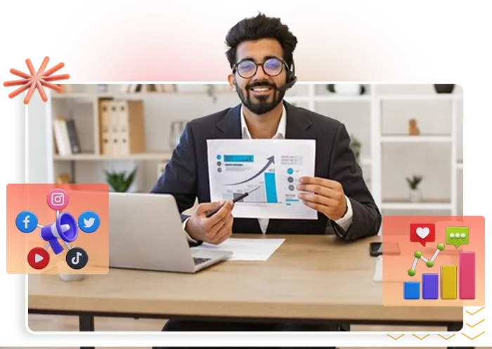 Marketer presenting results at a laptop with social icons, an affiliate marketer needing daily traffic