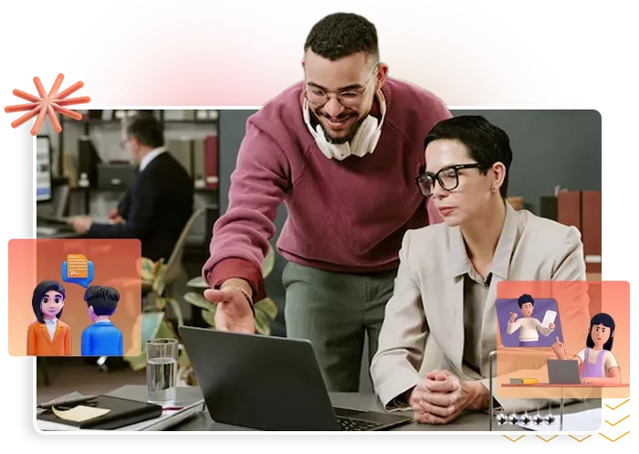 Two colleagues reviewing work on a laptop, a freelancer or agency offering faceless content to clients