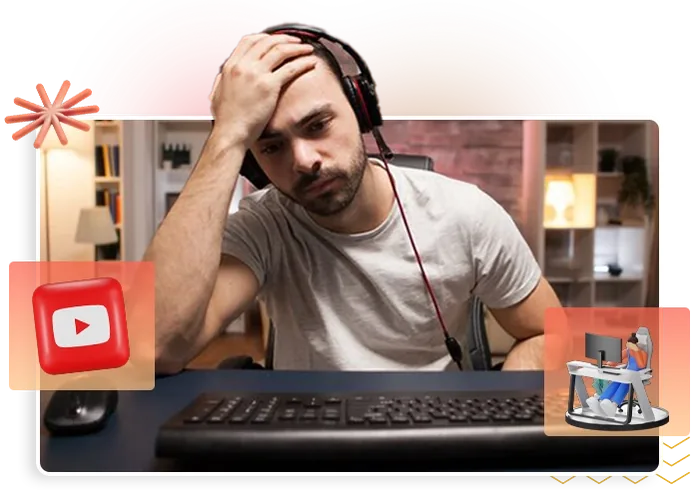 Exhausted creator with headphones at a desk, someone who got stuck or burned out on one YouTube channel