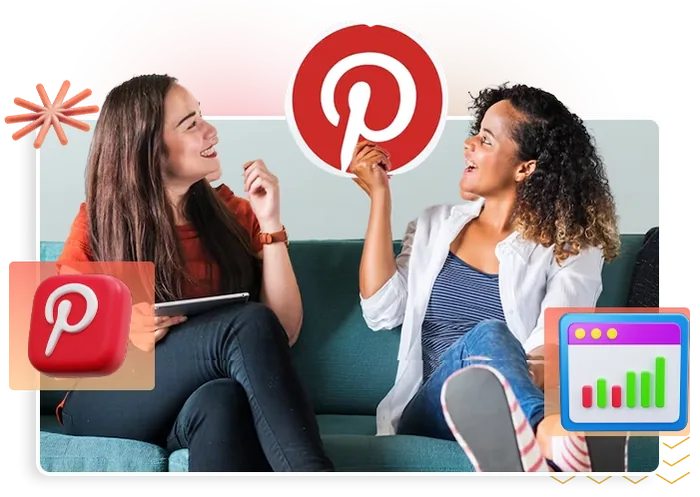 Two women with a Pinterest logo and a growth chart, people who want Pinterest traffic
