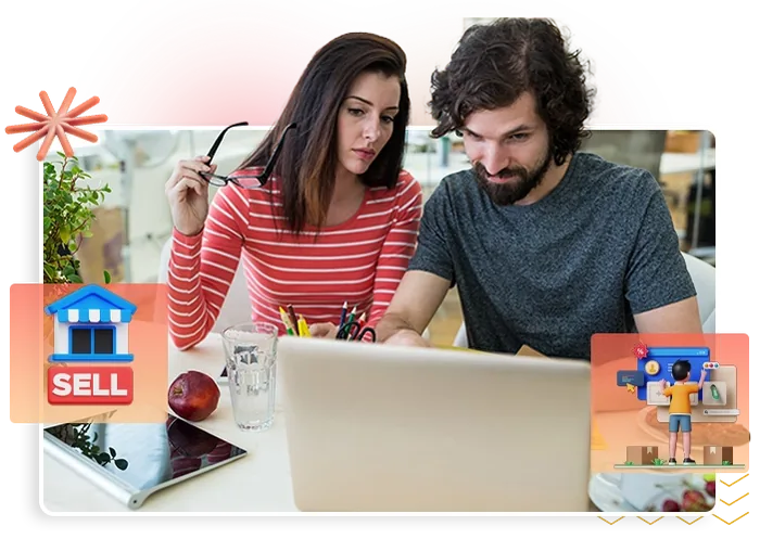 Two people at a laptop with a SELL sign, sellers who want a content engine for their own offers