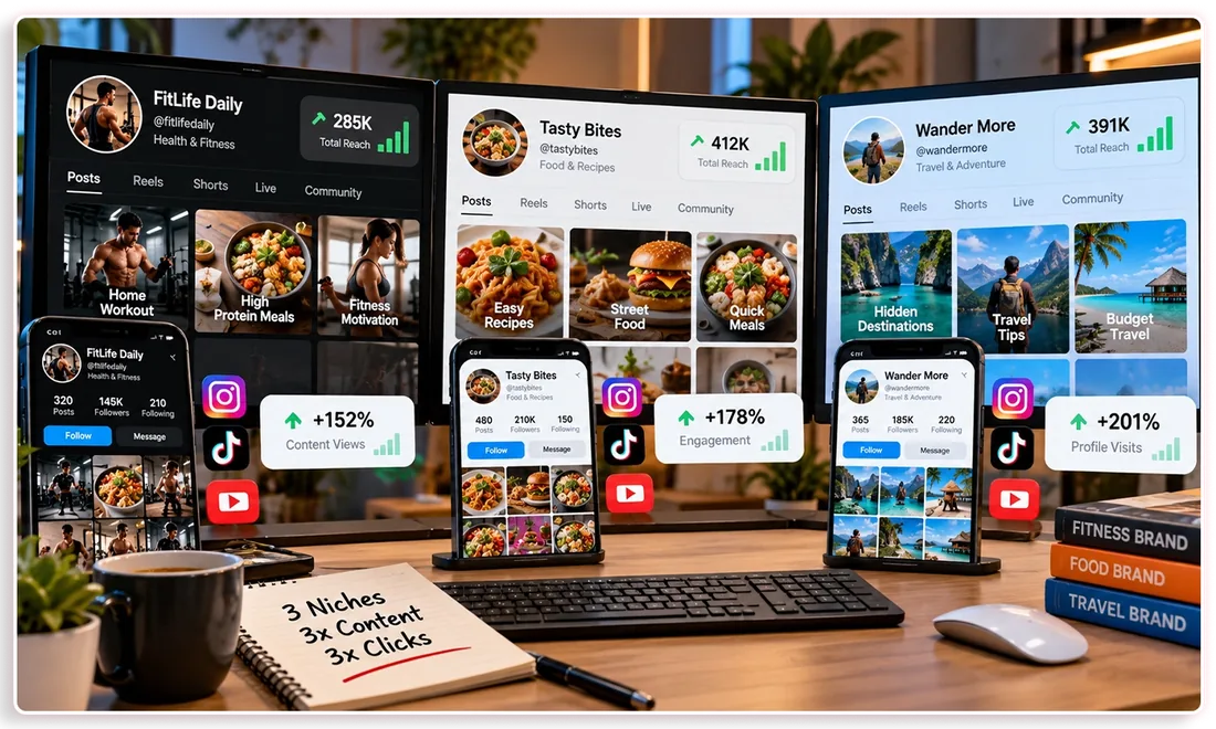 Vendor illustration of three niche brands running on several platforms with a note about three times the content