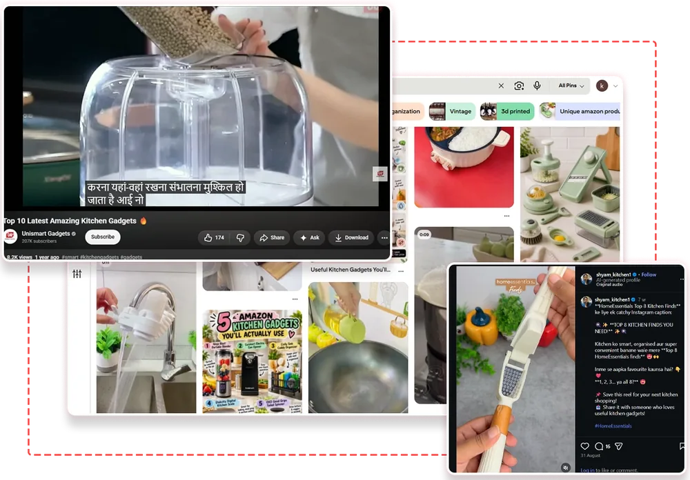 Collage of short faceless how-to video clips with product links, an affiliate commissions example