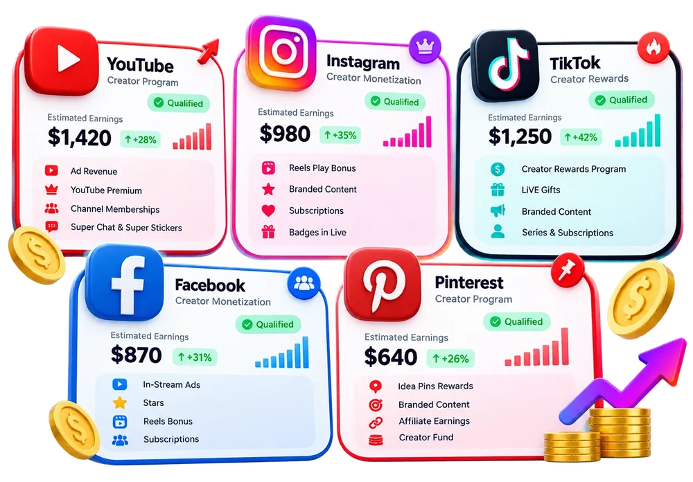 Illustration of creator monetization programs on YouTube, Instagram, TikTok, Facebook and Pinterest