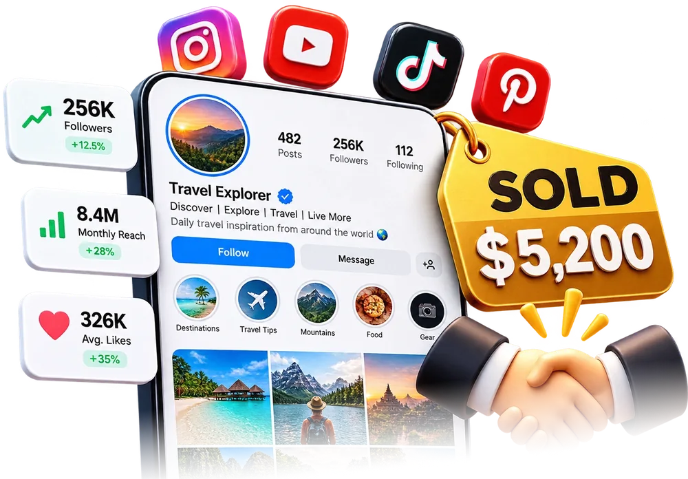 Illustration of an established faceless travel page marked as sold