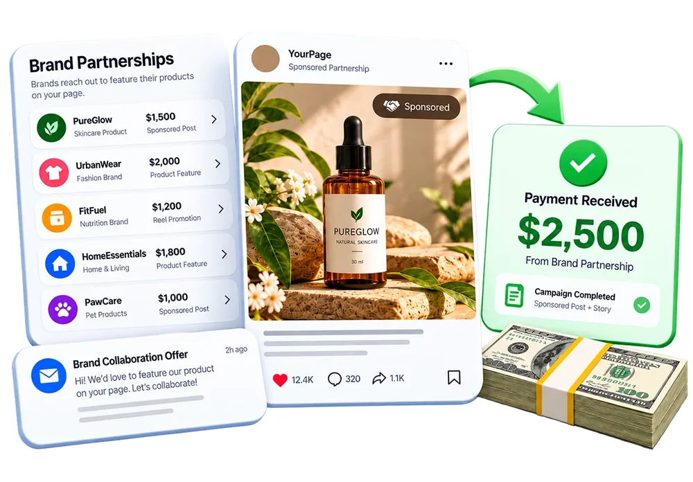 Illustration of brand partnerships and a sponsored post on a social page