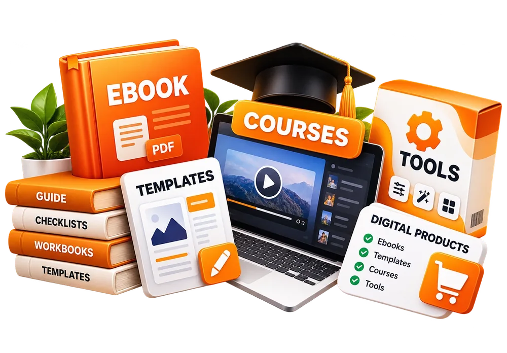 Illustration of ebooks, courses, templates and digital products