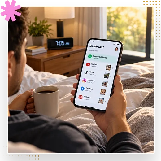 Person smiling at a phone showing a dashboard of videos published overnight to five platforms