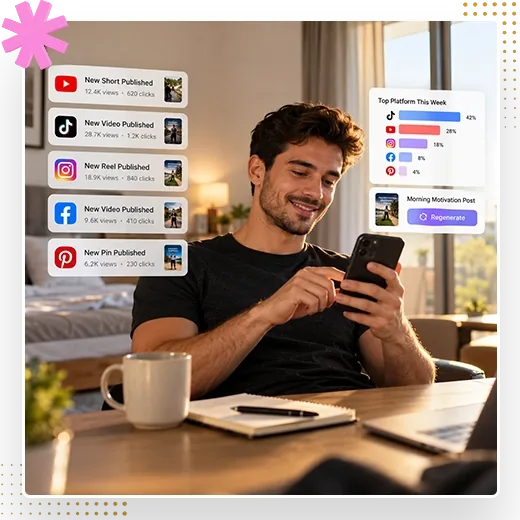 Person at a table with coffee checking a phone dashboard with platform results