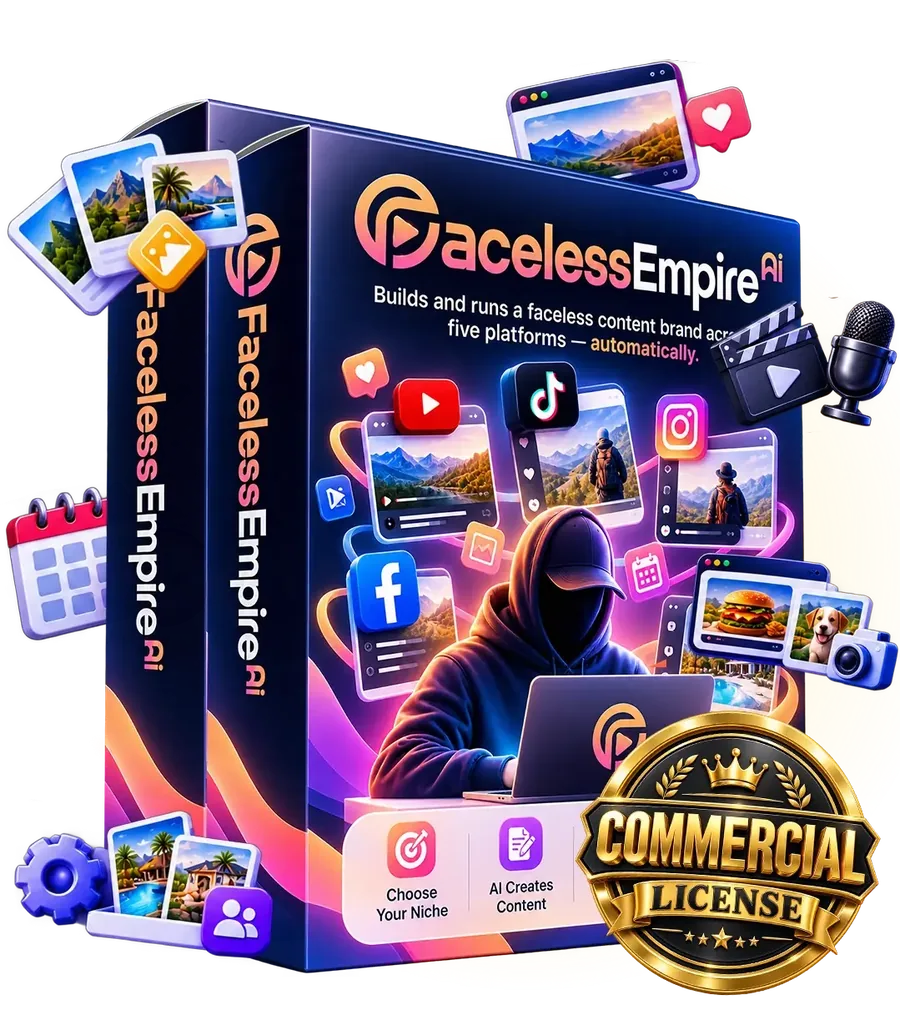 Faceless Empire AI 3D product box with a Commercial License seal and platform icons