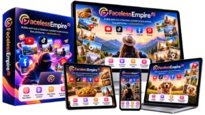 Faceless Empire AI product mockup showing the dashboard on a laptop, tablet and phone next to the product box