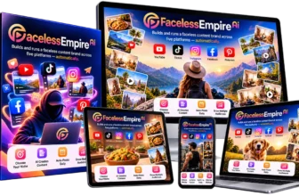 Faceless Empire AI product mockup showing the dashboard on a laptop, tablet and phone next to the product box
