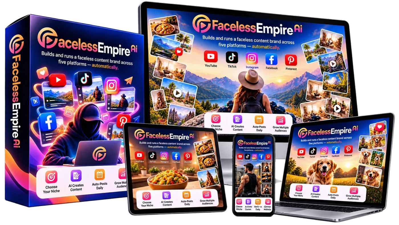 Faceless Empire AI product mockup showing the dashboard on a laptop, tablet and phone next to the product box