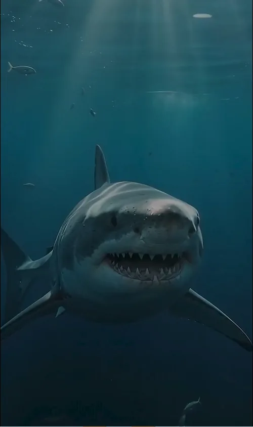 Faceless Empire AI sample facts video poster showing a shark underwater