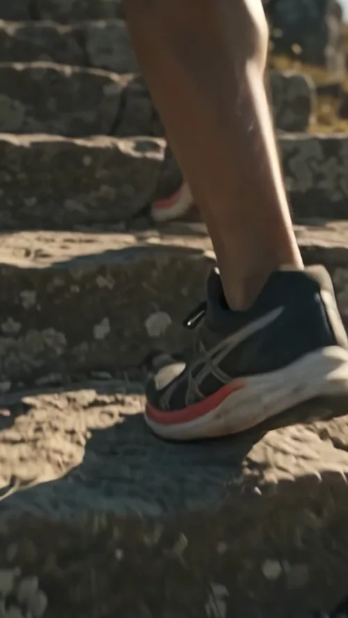 Faceless Empire AI sample motivation video poster showing a runner's shoe on a stone path