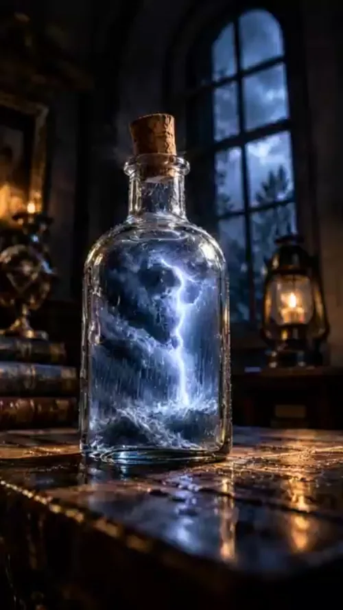 Faceless Empire AI sample psychology video poster showing a bottle with a storm inside
