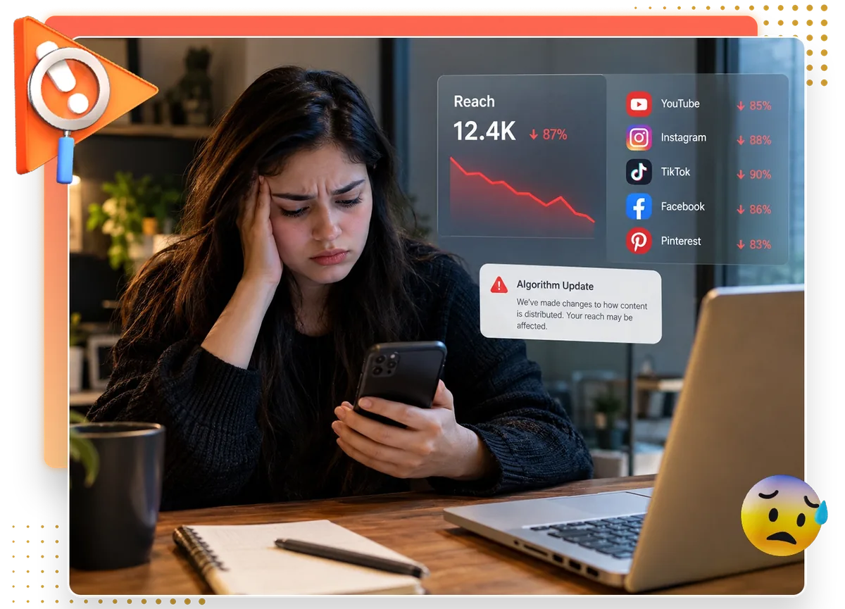 Frustrated creator watching reach fall on a phone after an algorithm change, the single channel trap