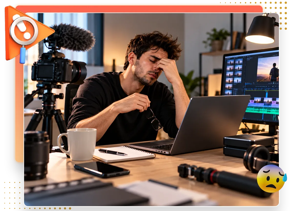 Tired creator surrounded by camera gear and editing software, the burnout of doing faceless content by hand