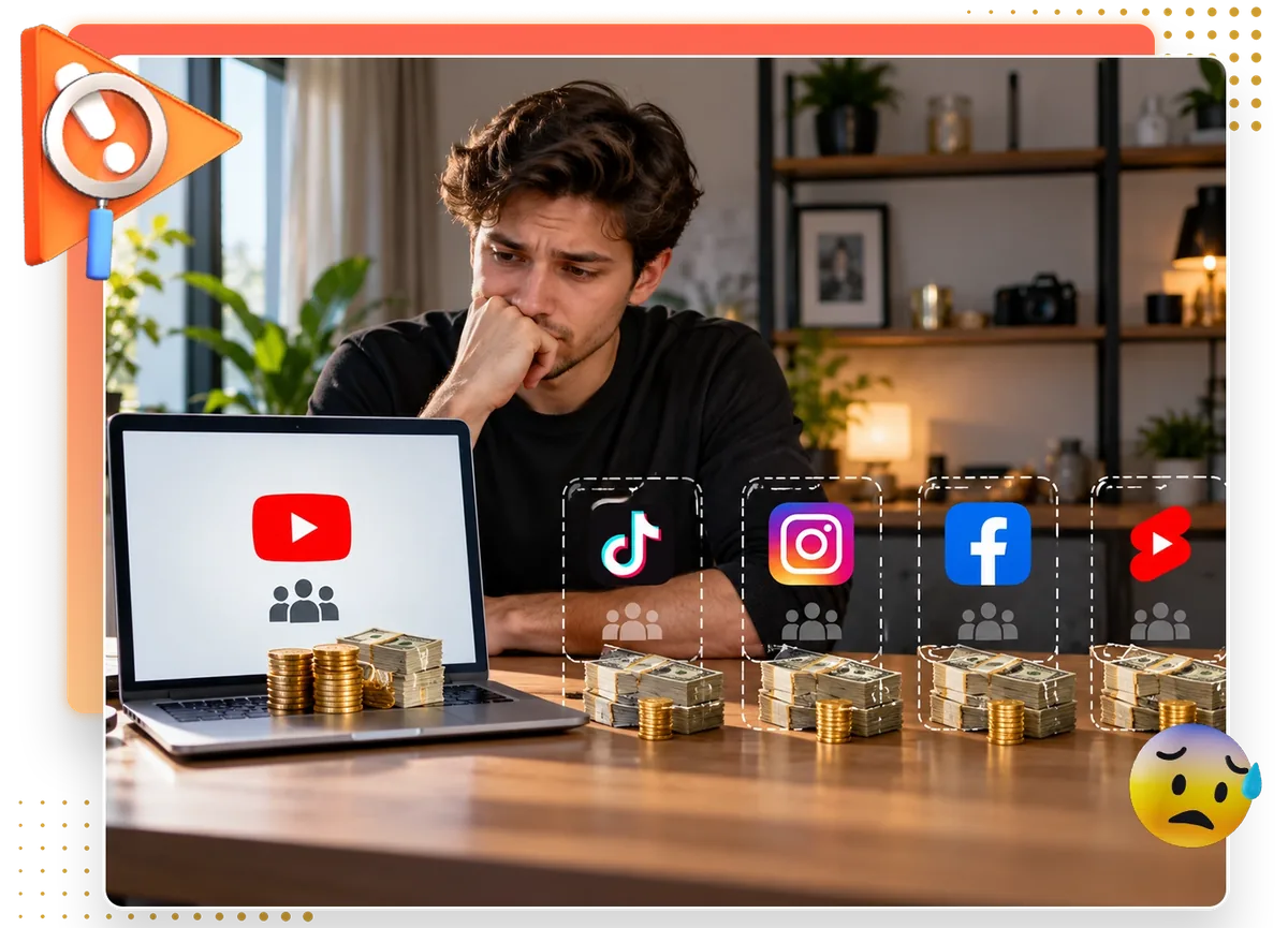 Creator at a laptop with YouTube open while four other platforms sit unused, the single audience problem