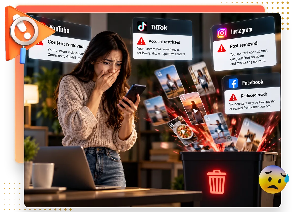 Is Faceless Empire AI safe? The vendor's picture of a worried creator facing platform warnings about low-effort content
