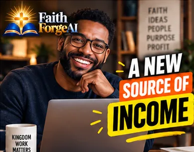 FaithForge AI Smiling man at a laptop beside the text Faith Ideas, People, Purpose, Profit and A New Source Of Income