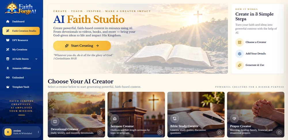 FaithForge AI AI Faith Studio dashboard with the heading Create, Teach, Inspire, Make a Greater Impact and a row of creator cards
