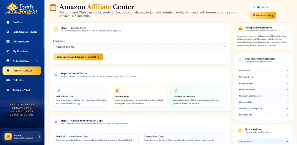 FaithForge AI Amazon Affiliate Center screen for the Amazon Affiliate Faith Store