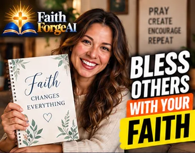 FaithForge AI Smiling woman holding a faith journal beside the text Pray, Create, Encourage, Repeat and Bless Others With Your Faith