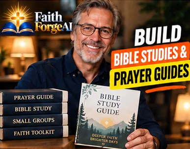 FaithForge AI Smiling older man holding a Bible study guide beside the text Build Bible Studies and Prayer Guides