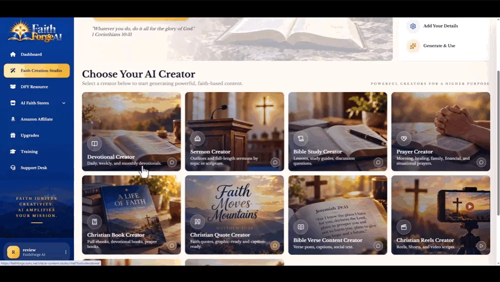 FaithForge AI Choose Your AI Creator screen with a grid of creator cards