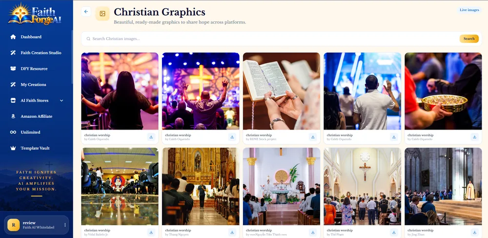 FaithForge AI Christian Graphics screen with a search box and a grid of ready-made faith graphics