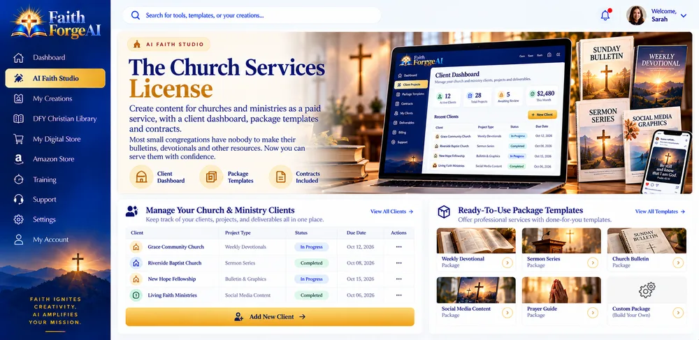 FaithForge AI The Church Services License screen with a client dashboard