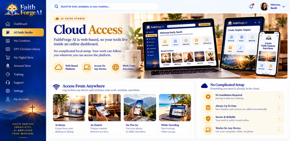 FaithForge AI Cloud Access screen showing the web-based FaithForge AI dashboard