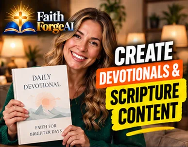 FaithForge AI Smiling woman holding a daily devotional beside the text Create Devotionals and Scripture Content