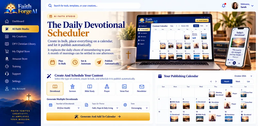 FaithForge AI The Daily Devotional Scheduler screen with a calendar of scheduled devotionals