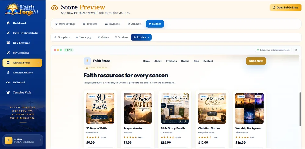 FaithForge AI Store Preview screen showing a faith resources store with product cards and prices
