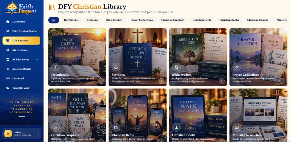 FaithForge AI DFY Christian Library screen with a grid of ready-made book and resource covers