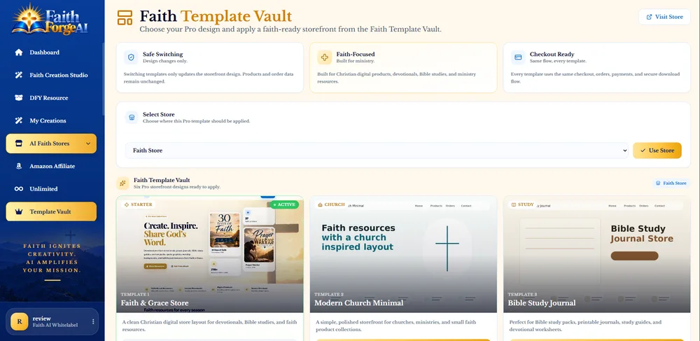 FaithForge AI Faith Template Vault screen with template cards