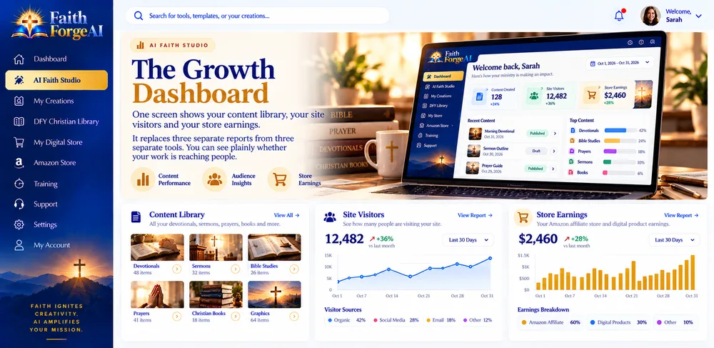 FaithForge AI The Growth Dashboard screen with content library, visitors and store charts