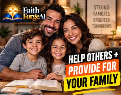 FaithForge AI Family reading together beside the text Help Others and Provide For Your Family