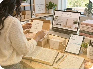 Laptop on a desk beside printed faith resources, books and a mug