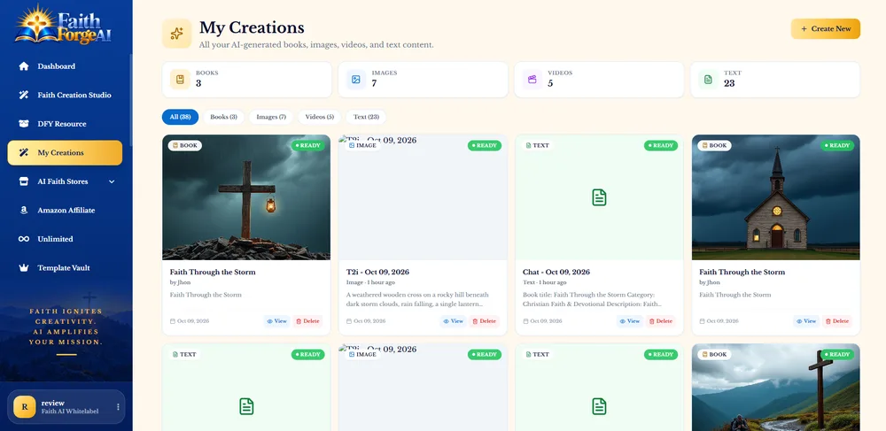 FaithForge AI My Creations screen with saved projects shown as image cards
